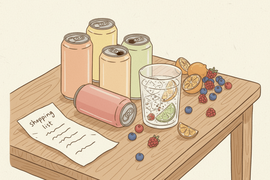 Warm hand-drawn illustration of a cosy British kitchen table with generic fruit-infused sparkling water cans, fruit and a shopping list