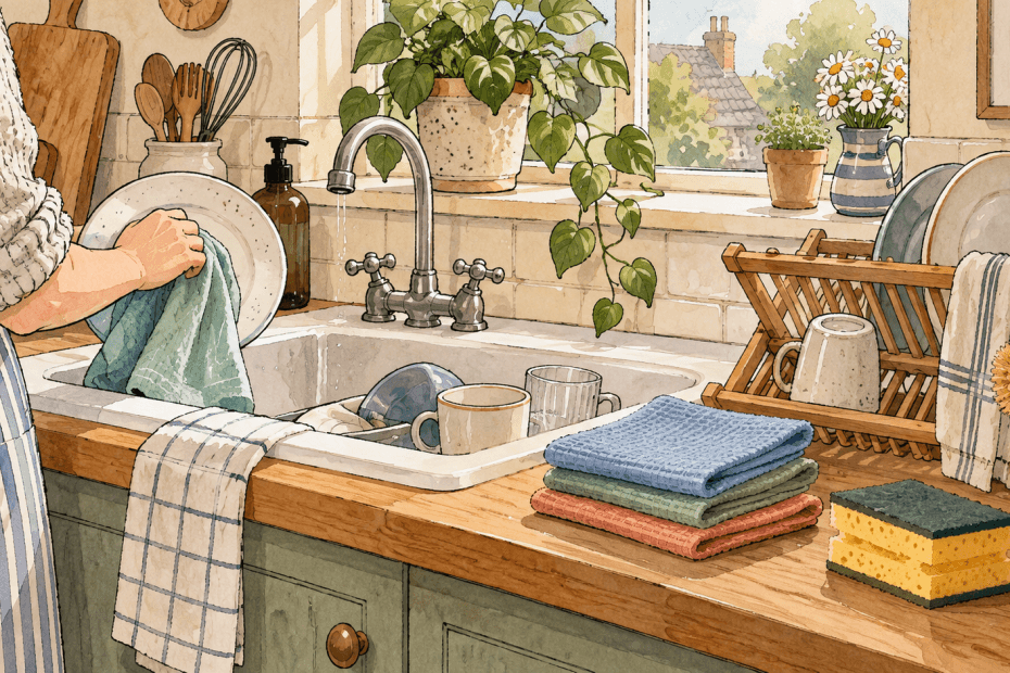 Warm hand-drawn illustration of a cosy British kitchen sink with generic cloths, a dish rack and a person tidying up