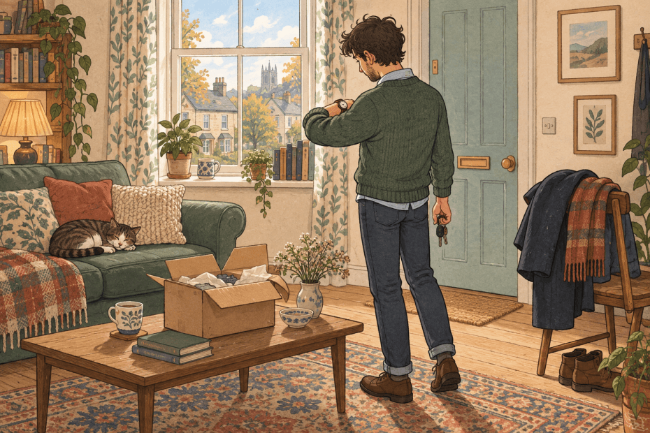 Warm hand-drawn illustration of a shopper checking a plain wristwatch before leaving a cosy British sitting room
