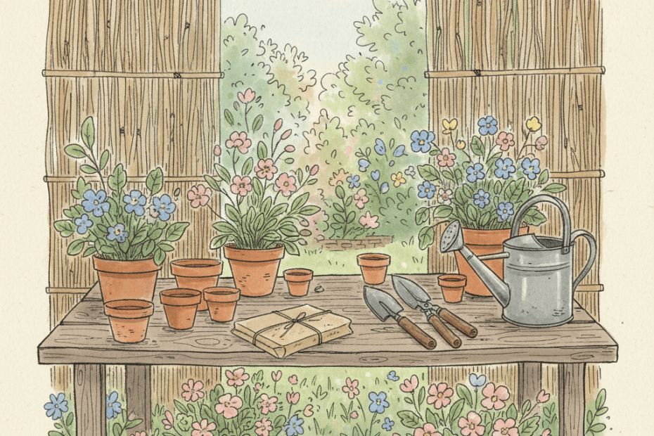 Warm hand-drawn illustration of a cosy British potting corner with plants, garden tools and an unbranded parcel in cream and pastel colours