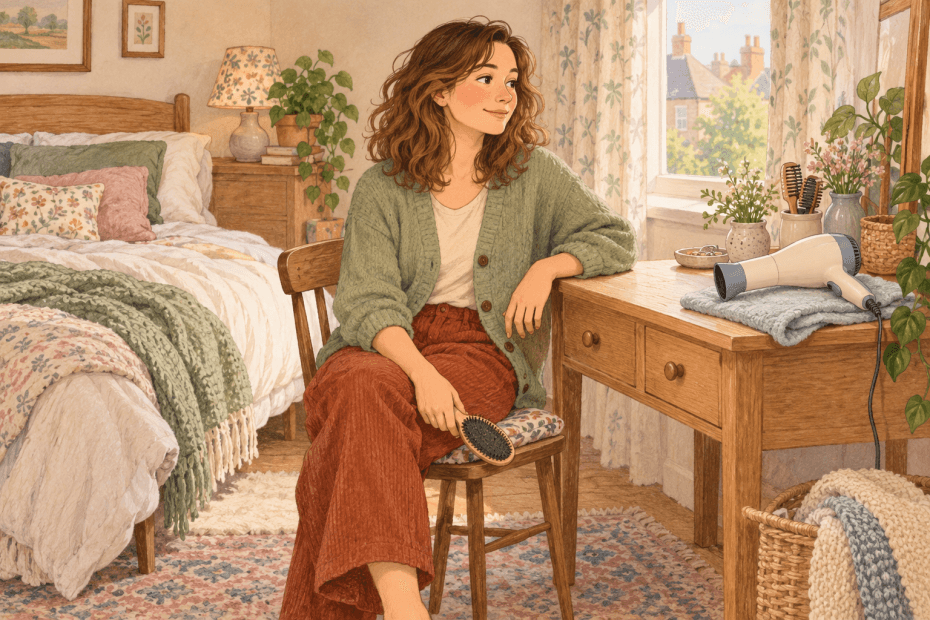 Warm hand-drawn illustration of an adult in a sage cardigan holding a brush beside a wooden dressing table and cream hair dryer in a cosy bedroom
