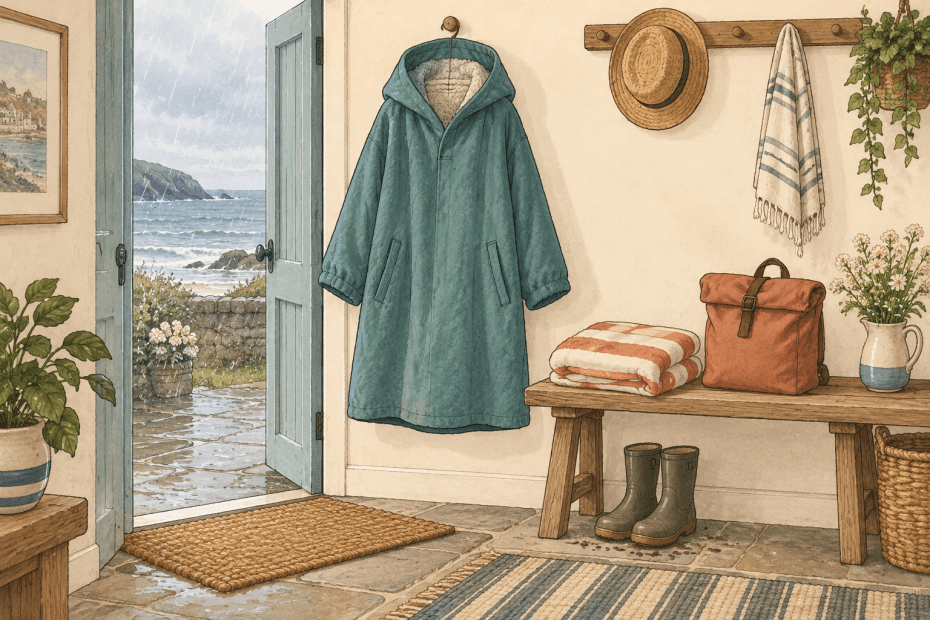 Warm hand-drawn illustration of a British seaside porch with a teal hooded coat, folded towel, plain roll-top bag and wellies