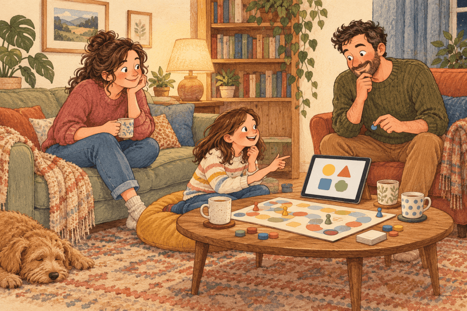 Warm hand-drawn illustration of three people playing a generic board game around a coffee table with a tablet and mugs in a cosy sitting room