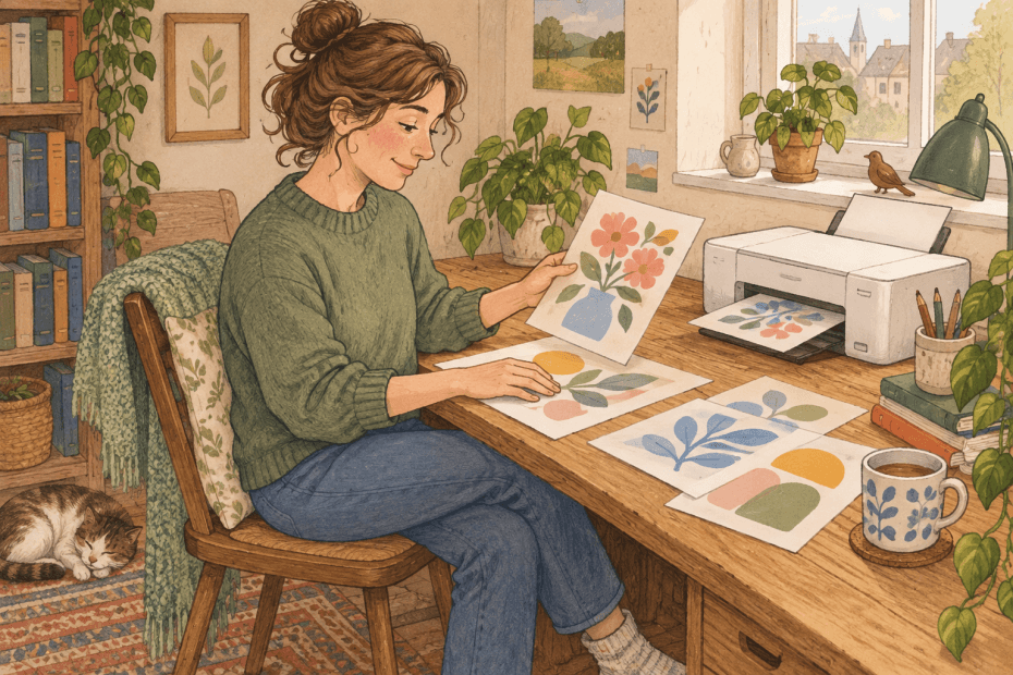 Warm hand-drawn illustration of a person organising colourful printouts beside an unbranded printer in a cosy home study